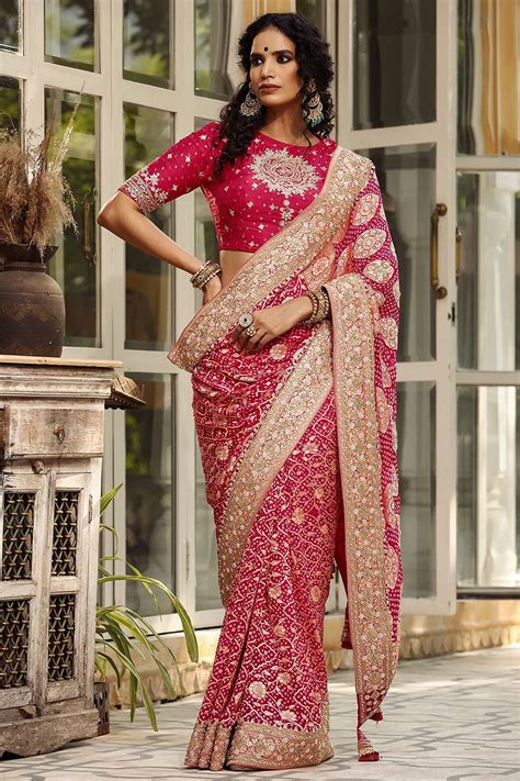 Embroidered Soft Banarasi Silk Saree In Dark Pink Ucchal Fashion