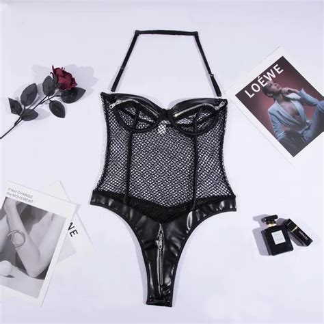 Ellolace Sexy Body Con Cerniera Reggiseno Aperto Mesh Trasparente Naked