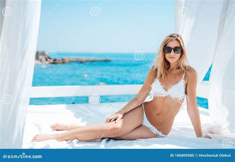 Beautiful Woman In White Bikini Stock Photo Image Of Bikini Carefree