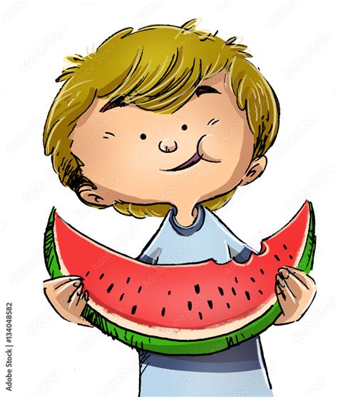 niño comiendo sandia Stock Illustration Adobe Stock