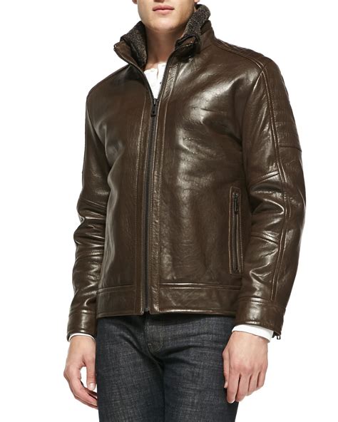 Andrew Marc Shearling Fur Trim Rugged Leather Jacket In Brown For Men