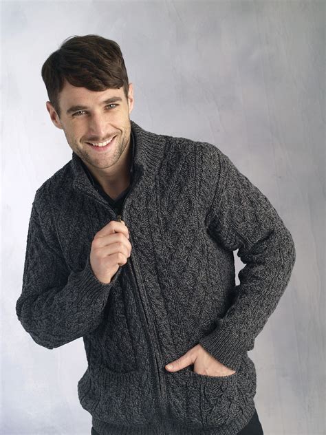 Mens Wool Cardigan Full Zip Aran Sweater Irish Merino Wool Two Front