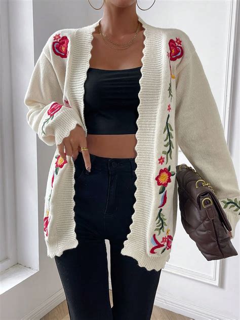 Shein Essnce Floral Embroidery Scallop Trim Drop Shoulder Cardigan