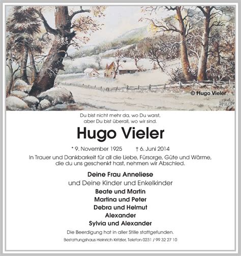 Traueranzeigen Von Hugo Vieler Trauer In Nrw De