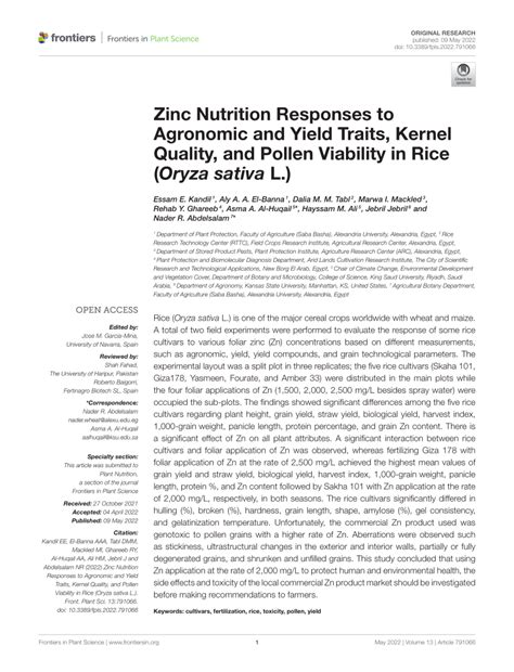 Pdf Zinc Nutrition Responses To Agronomic And Yield Traits Kernel Quality And Pollen