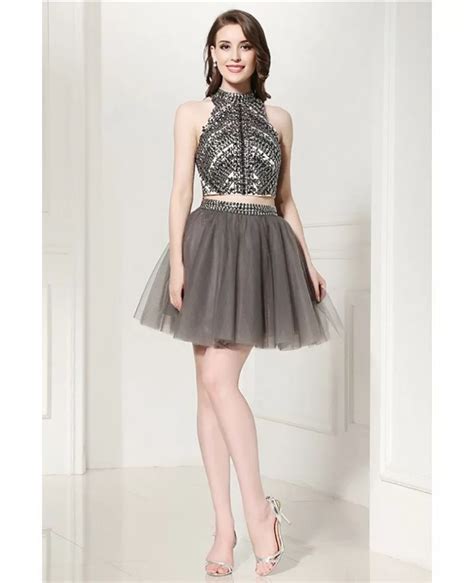 Sparkly Piece Grey Short Formal Dress With Halter Crystal Crop Top