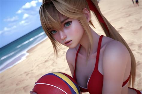 Premium AI Image Anime Girl On A Beach With E Beautiful Red Bikini And A Ball