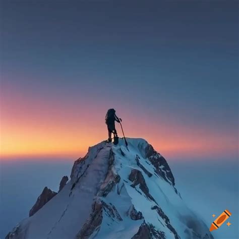 Mountain climber conquering the summit at sunrise on Craiyon