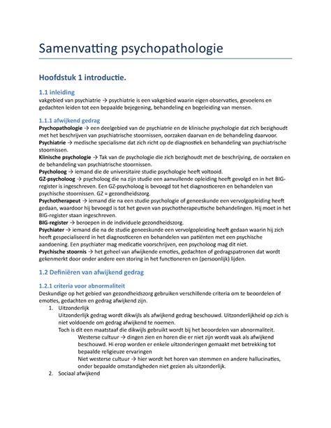 Samenvatting Psychopathologie Samenvatting Psychopathologie