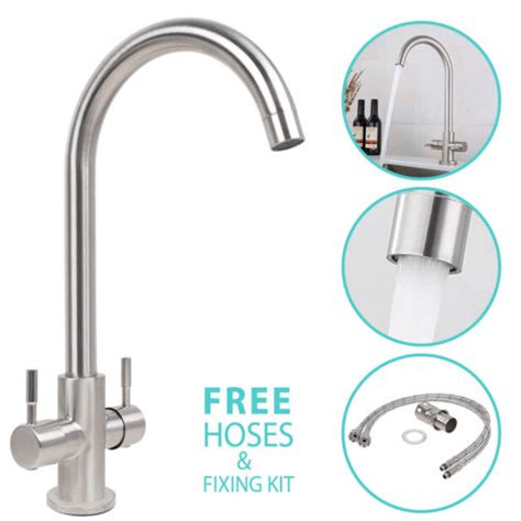 Modern Mono Kitchen Sink Mixer Tap Brushed Chrome Twin Lever Swivel