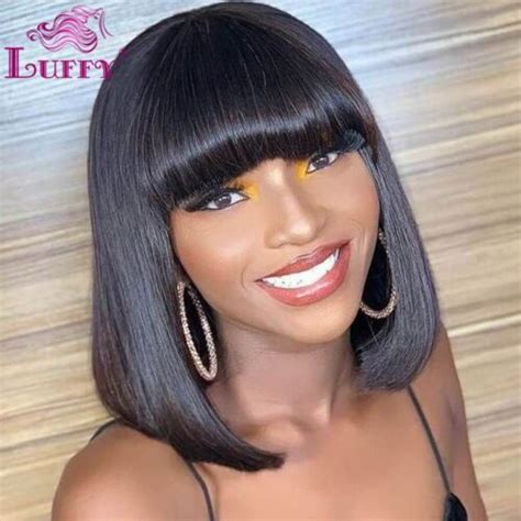 Silky Straight Short Bob Wigs Human Hair With Bangs Scalp Top Machine