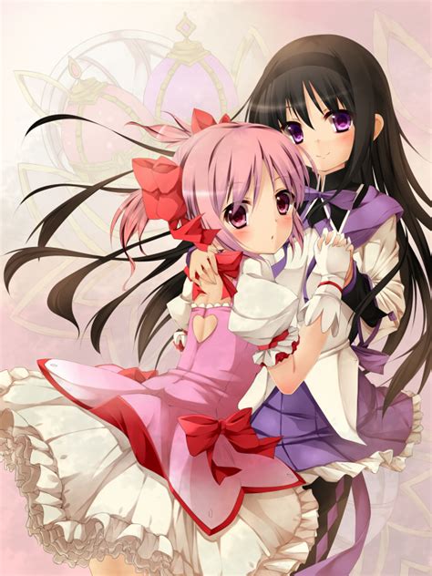 Safebooru Akemi Homura Black Hair Blush Bubble Skirt Gloves Hair Ribbon Hand Holding Holding