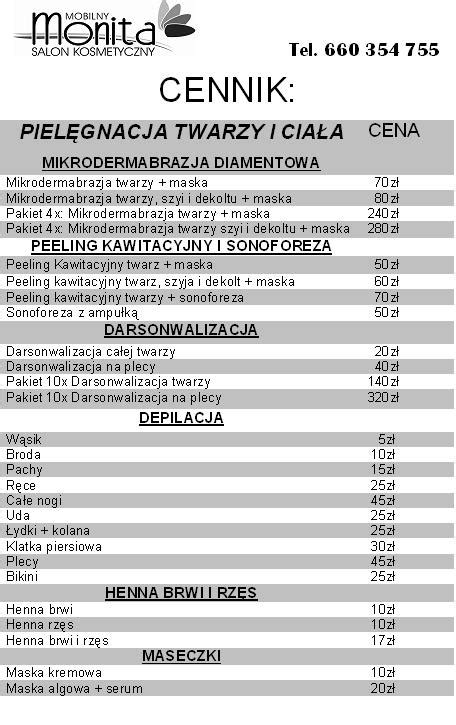 Mobilny salon kosmetyczny MONITA: Cennik