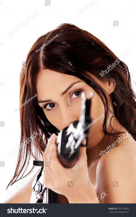 Стоковая фотография Sexy Nude Brunette Girl Model Weapon Shutterstock