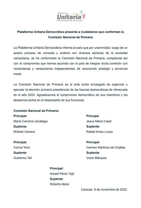 Plataforma Unitaria anuncia miembros de la Comisión de Primaria