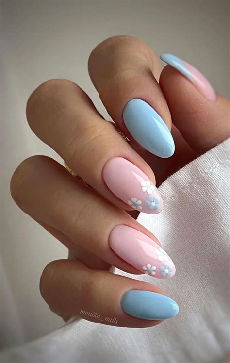 40 Spring Inspired Nail Designs Soft Blue Nails With Floral Tips