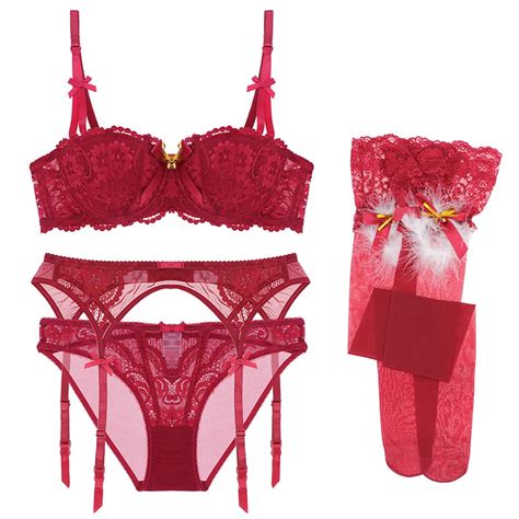Lace Lingerie Bra Panties Garter Stocking Pcs Set TD Mercado