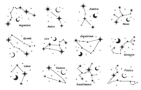 Conjunto De Doce Constelaciones Círculo Zodiacal Estrellas Dibujadas