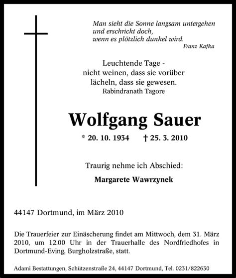 Traueranzeigen Von Wolfgang Sauer Trauer In NRW De