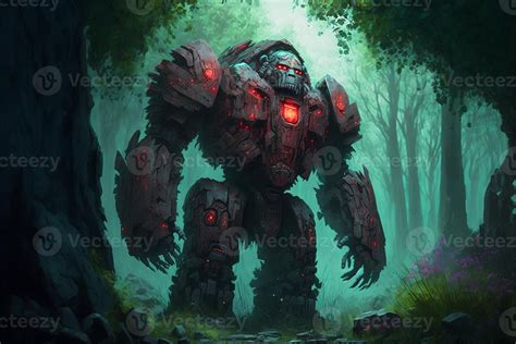 Giant Stone Golem In The Middle In The Forest Green Fog Generative Ai