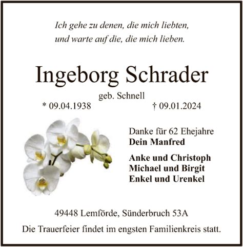 Traueranzeigen Von Ingeborg Schrader Trauer Kreiszeitung De