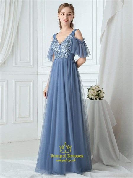 Dusty Blue V Neck Embroidery Tulle Bridesmaid Dress With Ruffle Sleeves