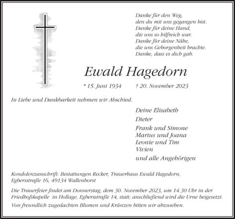 Traueranzeigen Von Ewald Hagedorn Noz Trauerportal