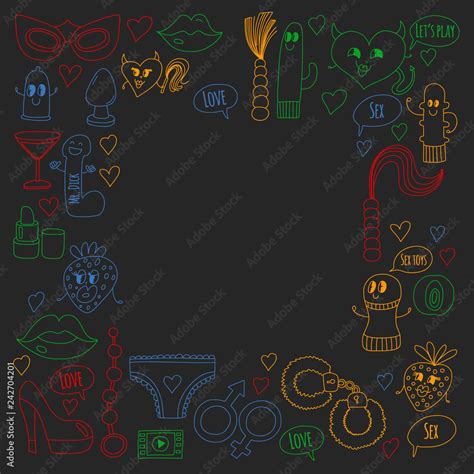 Funny Icons For Sex Shop Cute Cartoon Characters Dildo Strawberry Condom Heart Love And