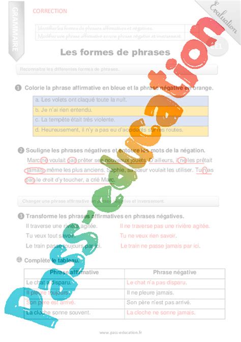 Evaluation Avec Le Corrig Pour Le Ce Sur Les Formes De Phrase Bilan