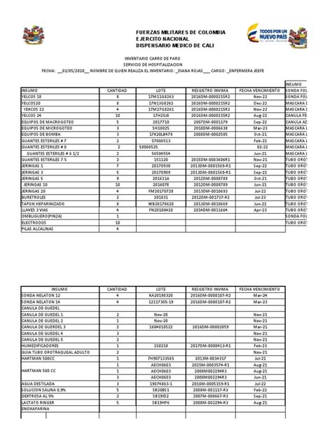 Inventario De Carro De Paro Insumos Febrero 2020 Pdf