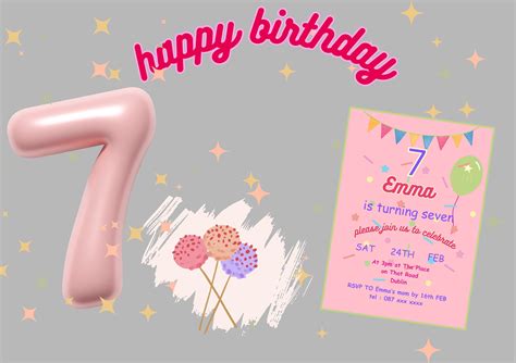 Editable Pink 7th Birthday Invitation Template Pink Girl 7th Birthday