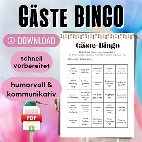 Gästebingo Spiel PDF Kennenlernspiele Erwachsene Finde den Gast Bingo