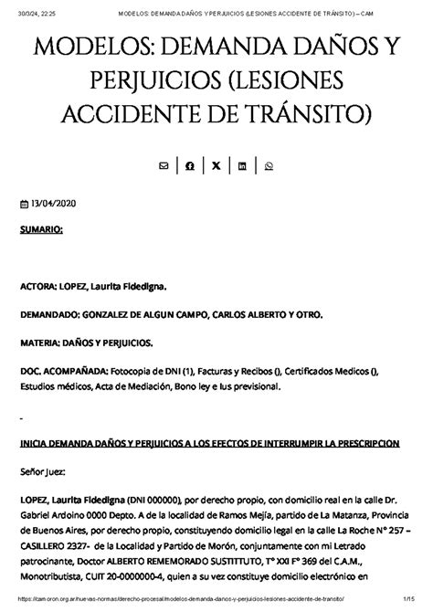 Modelos Demanda Daños Y Perjuicios Lesiones Accidente DE Tránsito