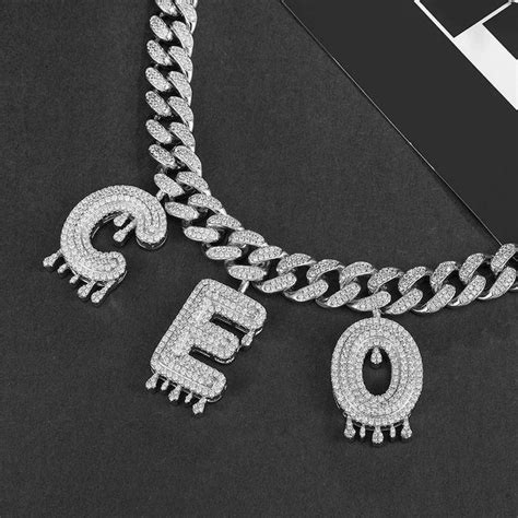 Custom Iced Out Cuban Link Chain With Drip Letter Charms Gold Dipped