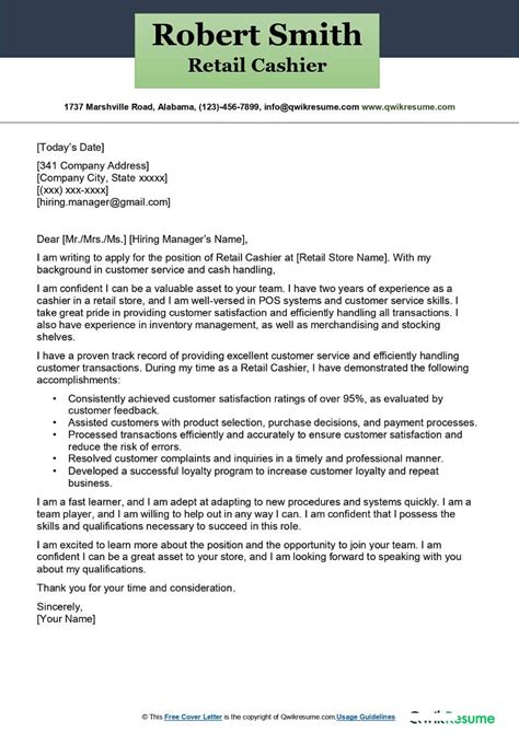 Retail Cashier Cover Letter Examples Qwikresume