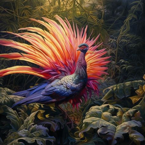 Premium AI Image | A painting of a peacock with a red tail and yellow ...