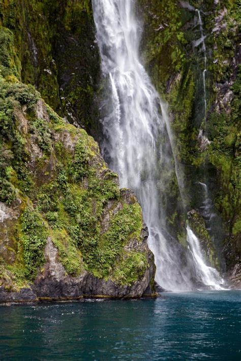 Milford Sound Waterfalls into Water Stock Image - Image of peaks ...