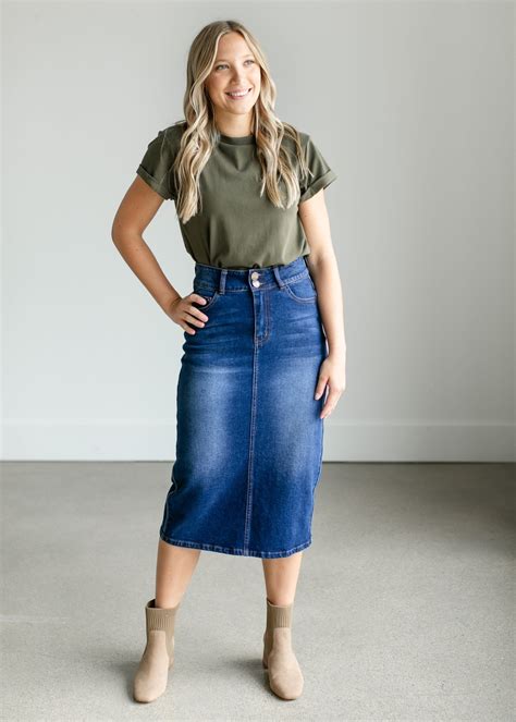 Greta Medium Wash Midi Denim Skirt Miss Daisys Home Decor Co