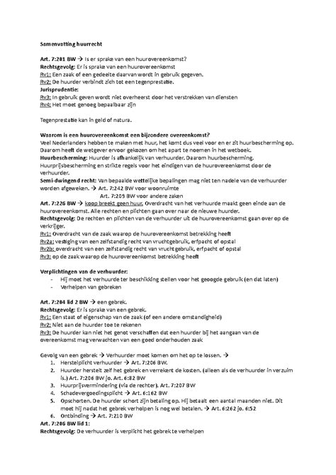 Samenvatting Huurrecht Samenvatting Huurrecht Art Bw Is Er