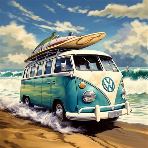 Premium Photo | A blue and white vw bus is driving on the beach.