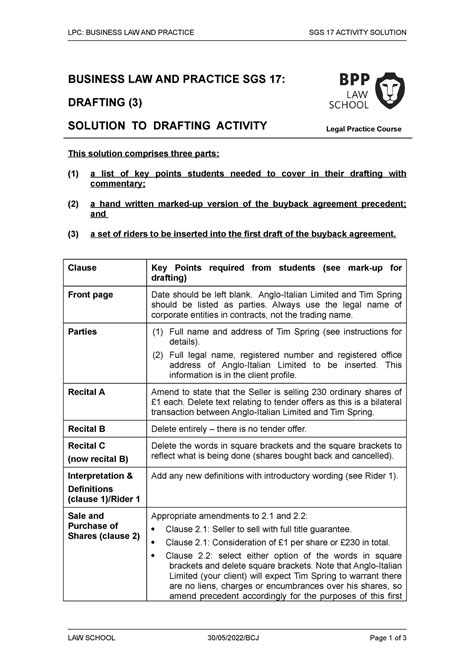 BLP SGS 17 Activity Solution 2022 23 LPC BUSINESS LAW AND PRACTICE