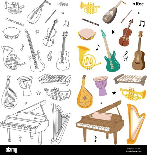 Musical instruments for music school design. Tuba, trumpet, drum flute ...