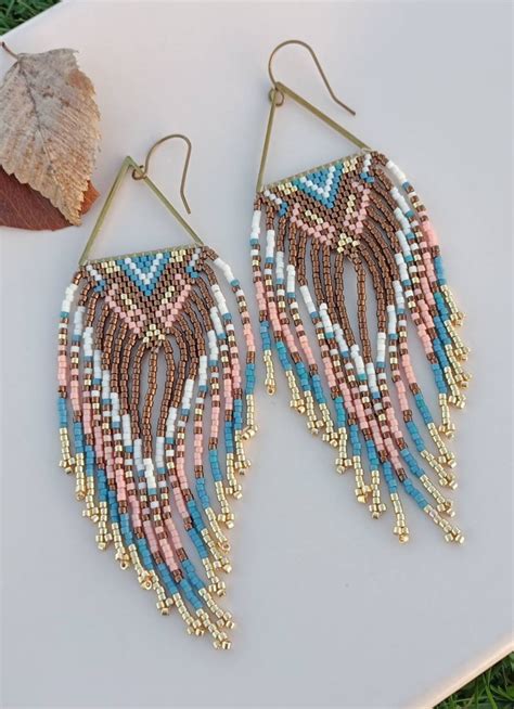 Miyuki Delica Beads Brick Stitch Fringe Earrings Handwoven Stripe