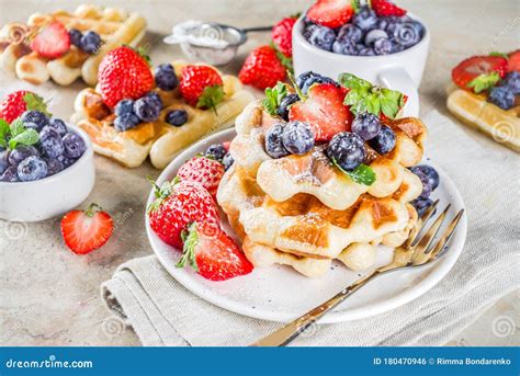 Sweet Homemade Belgian Waffles With Berries Stock Photo Image Of