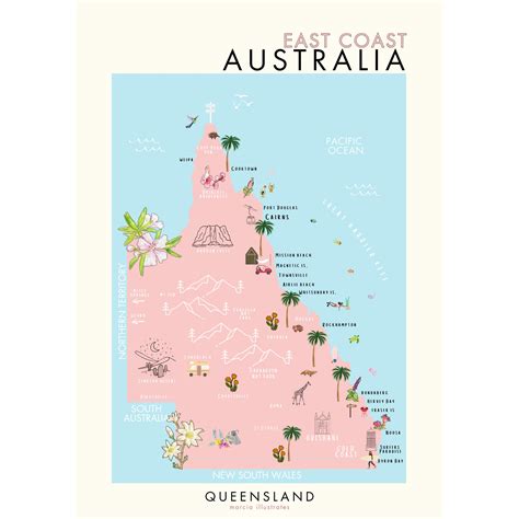 Queensland Map, Australia Poster, Illustrated Landmark Map, East Coast