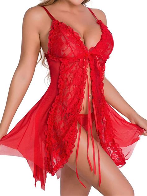 Popiv Women Sexy Lace Babydoll Lingerie Set Sheer Mesh Bridal Lingerie Floral Tie Up Negligee