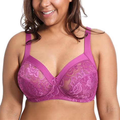 Delimira Womens Wireless Plus Size No Padding Floral Lace Comfortable Bra Fuchsia