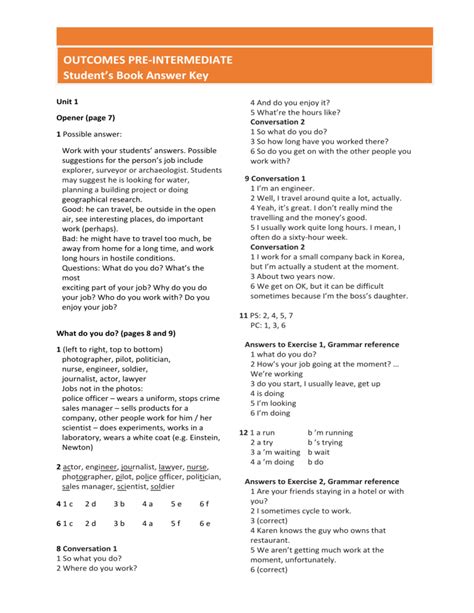 533 2- Outcomes. Pre-Intermediate Students Book Answerkey(1)
