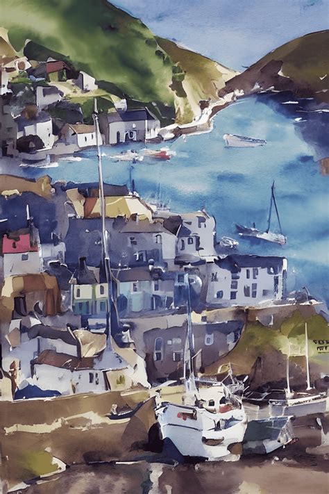 Beautiful Wet Wash Watercolour Painting Of Polperro Cornwall Scene In