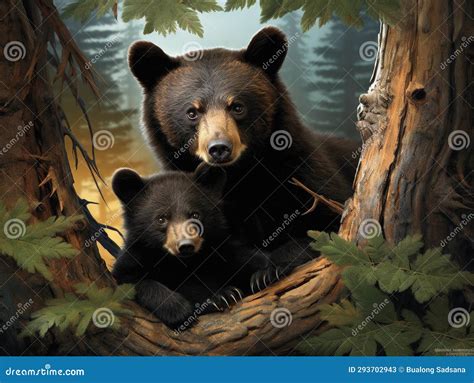 Bear Cub Twins With Mom In A Tree Stock Illustration Illustration Of